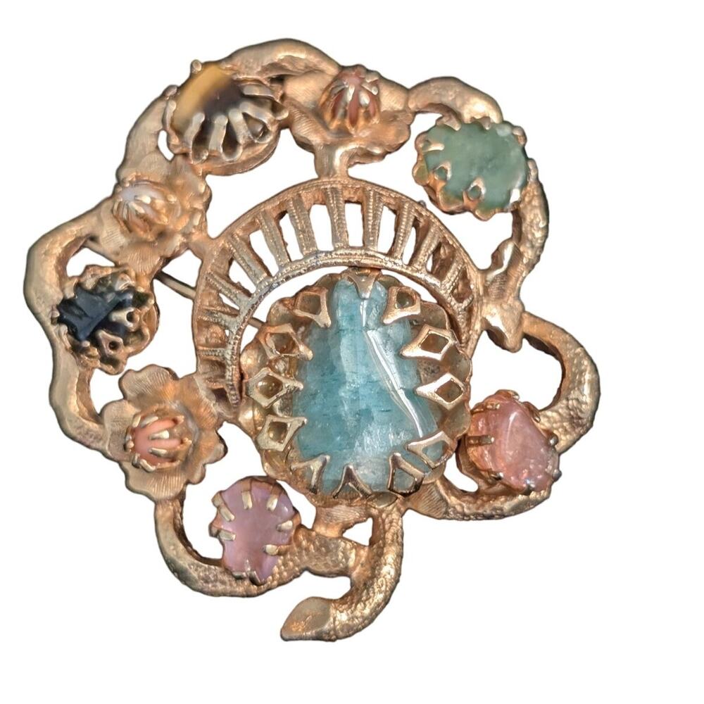 Vintage Semi-Precious Stone Gold Tone Brooch